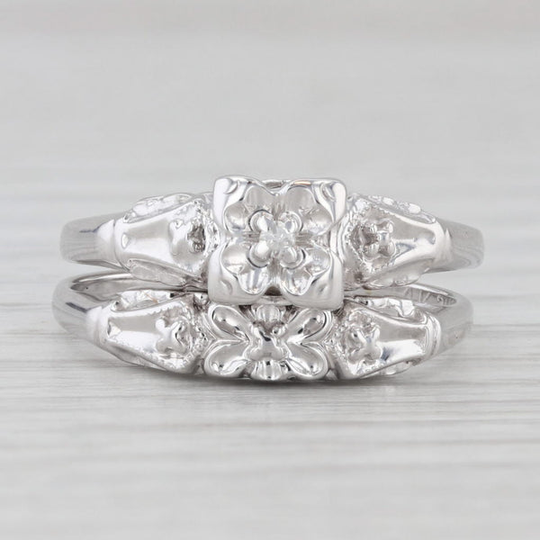 Vintage Diamond Bridal Set 14k White Gold Size 6.5 Engagement Ring Wedding Band