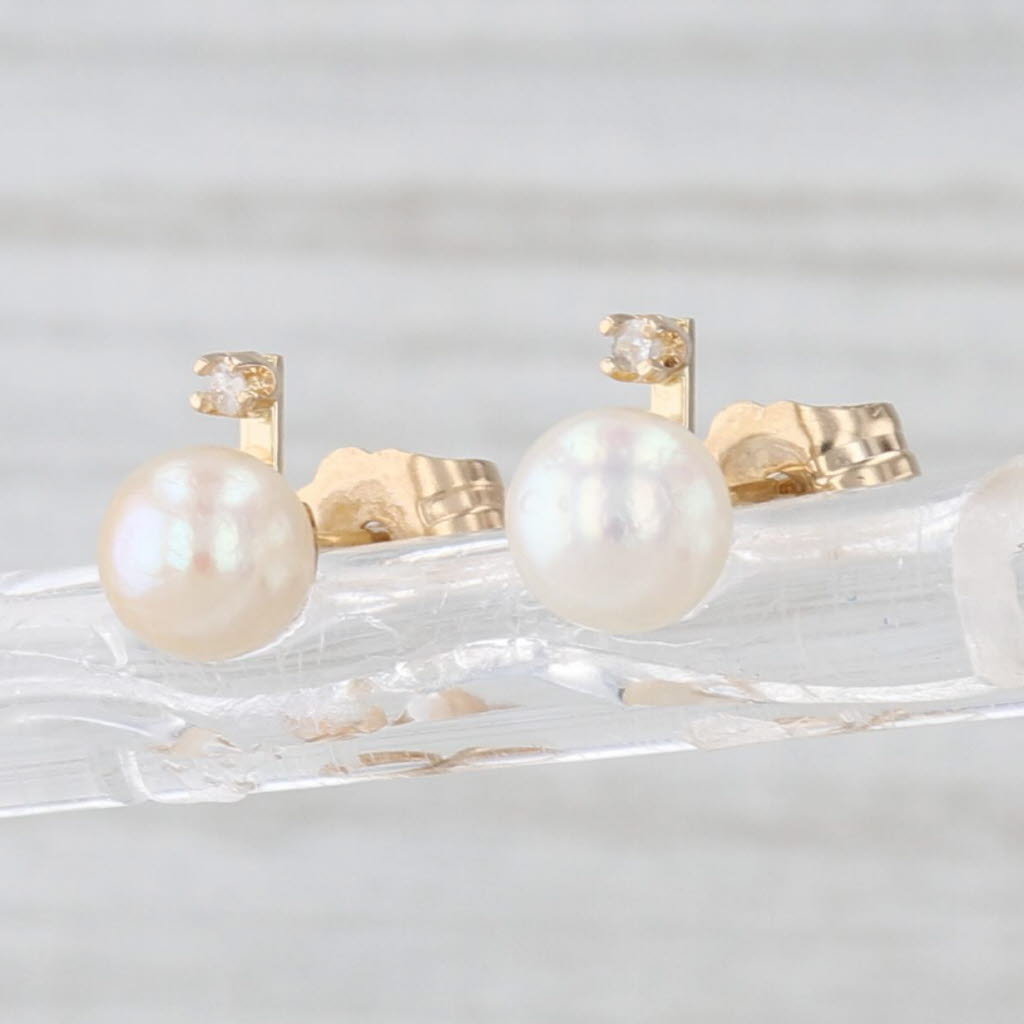Cultured Pearl Stud Earrings 14k Yellow Gold Diamond Accents
