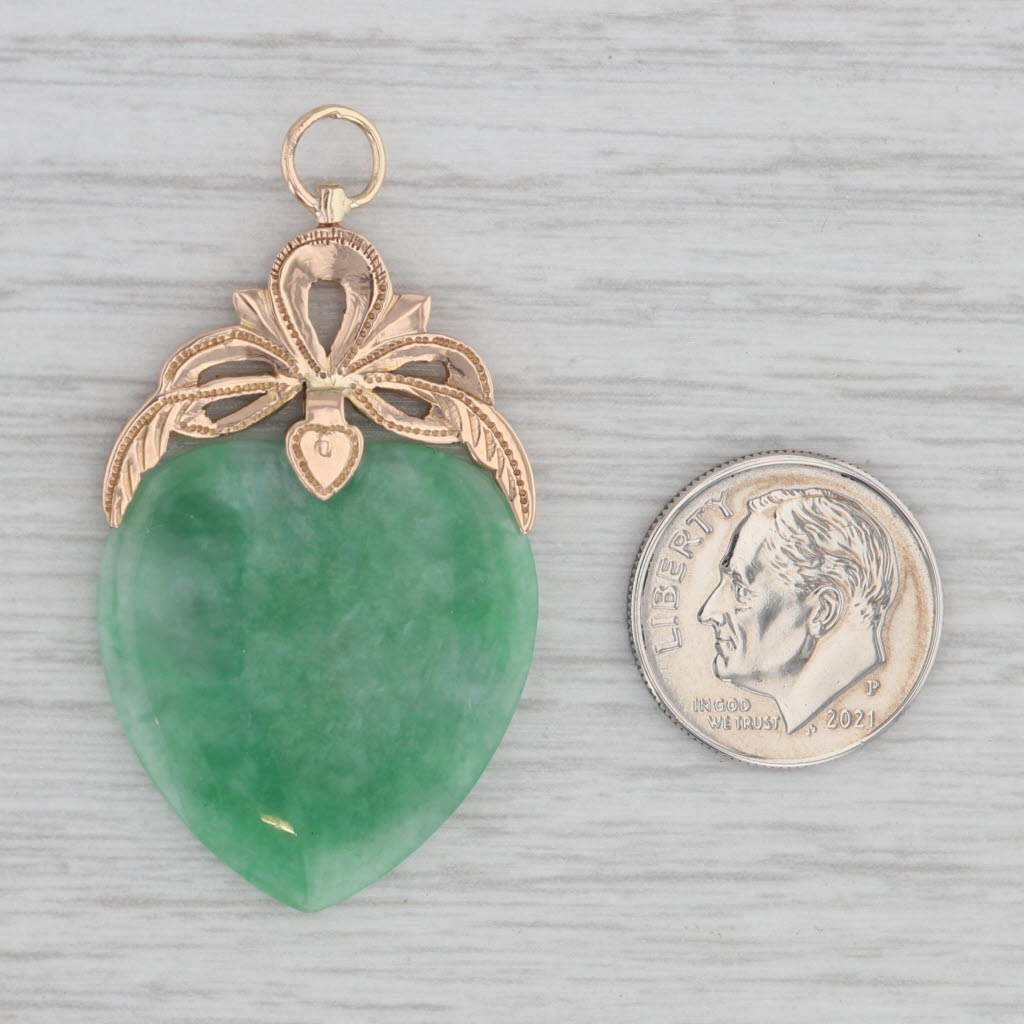 Gray Carved Green Jade Heart Pendant 10k Yellow Gold