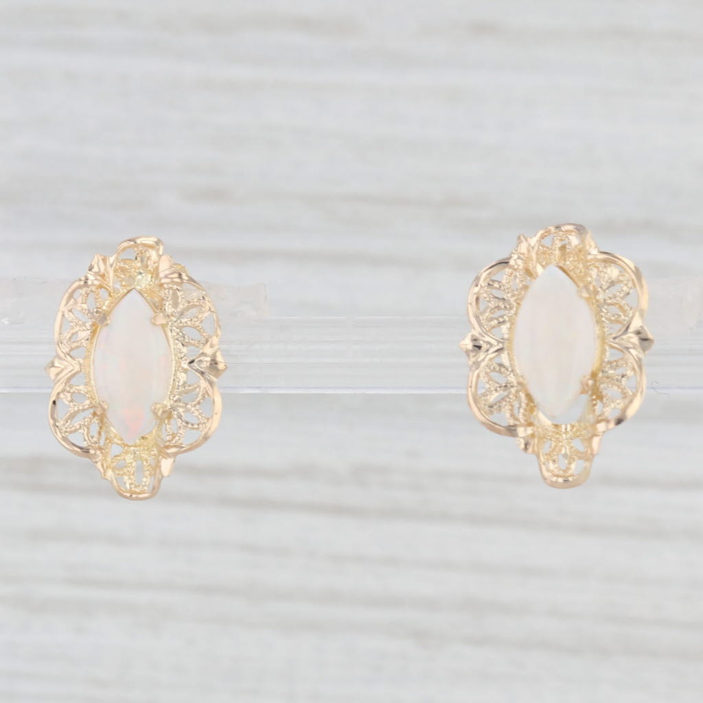 Light Gray Opal Flower Stud Earrings 14k Yellow Gold Marquise Cabochon Solitaires