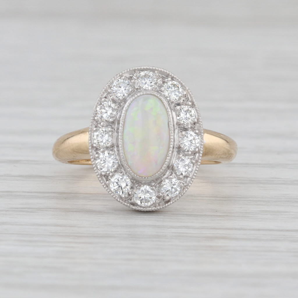 Vintage Opal Diamond Halo Ring 14k Yellow Gold Platinum Size 4