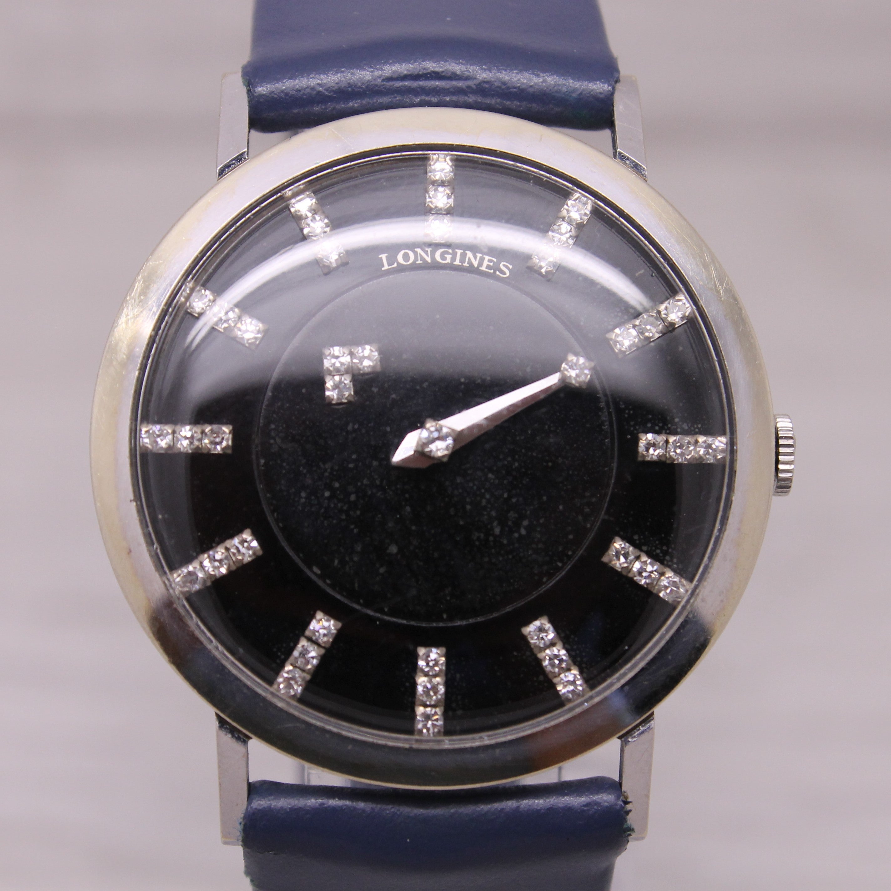 Gray Vintage c1957 Longines 14k White Gold Mens Diamond Dial Mystery Watch Buckle Box