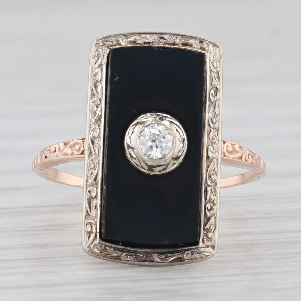 Light Gray Vintage Onyx Diamond Signet Ring 10k Rose White Gold Size 7 Ornate