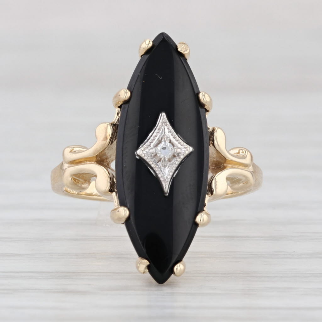 Vintage Marquise Onyx Diamond Ring 10k Yellow Gold Size 5.75
