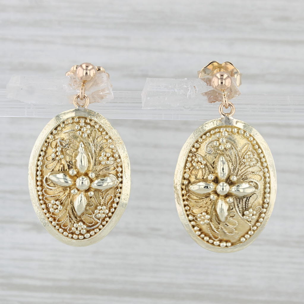 Light Gray Ornate Dangle Earrings 12k Yellow Gold Pierced Drops