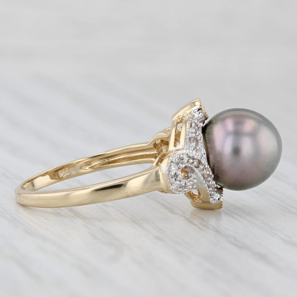 Light Gray Cultured Black Pearl Diamond Ring 14k Yellow Gold Size 6