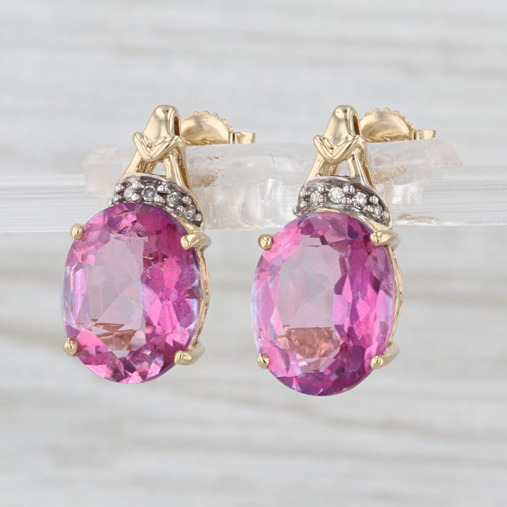 9.70ctw Oval Pink Mystic Topaz Diamond Drop Earrings 14k Yellow Gold