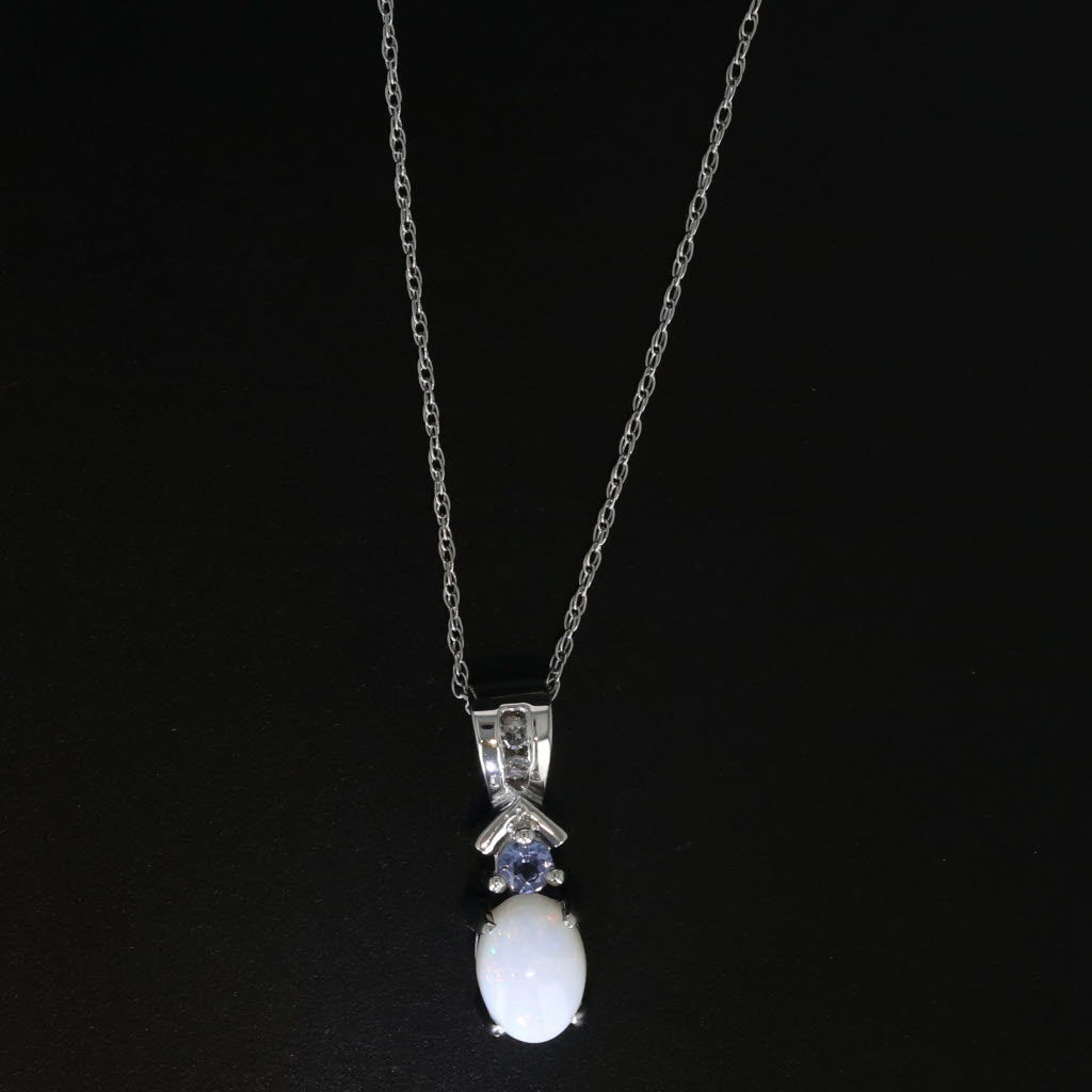 Black Opal Tanzanite Pendant Necklace 14k White Gold 19.5" Rope Chain