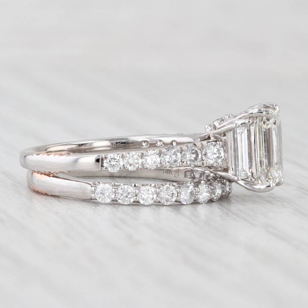 Light Gray 3.10ctw Emerald Cut Diamond Engagement Ring Wedding Band Set 14k Gold Size 7 GIA