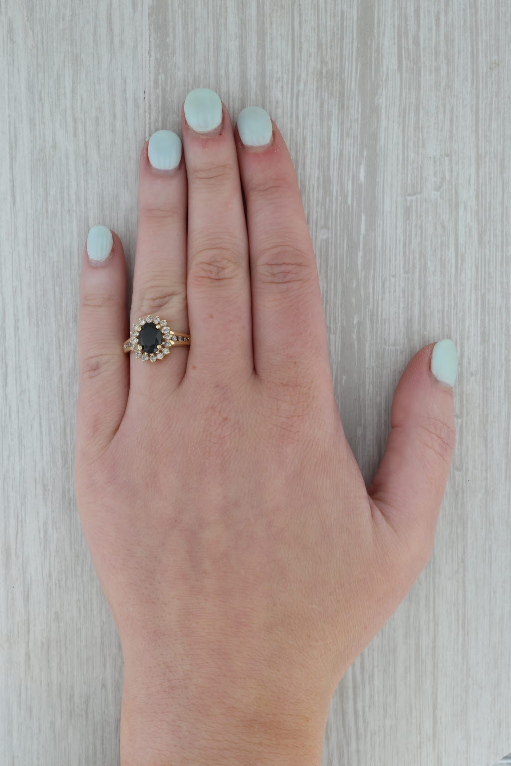 Dark Gray Oval Black Stone Halo Ring 14k Yellow Gold Size 5.5 Engagement