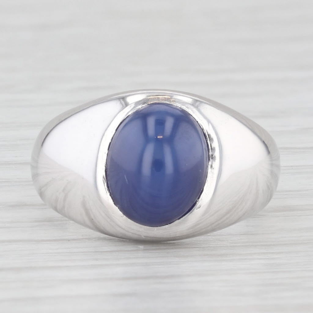 Light Gray Lab Created Star Sapphire Ring 18k White Gold Size 5.5 Oval Cabochon Solitaire