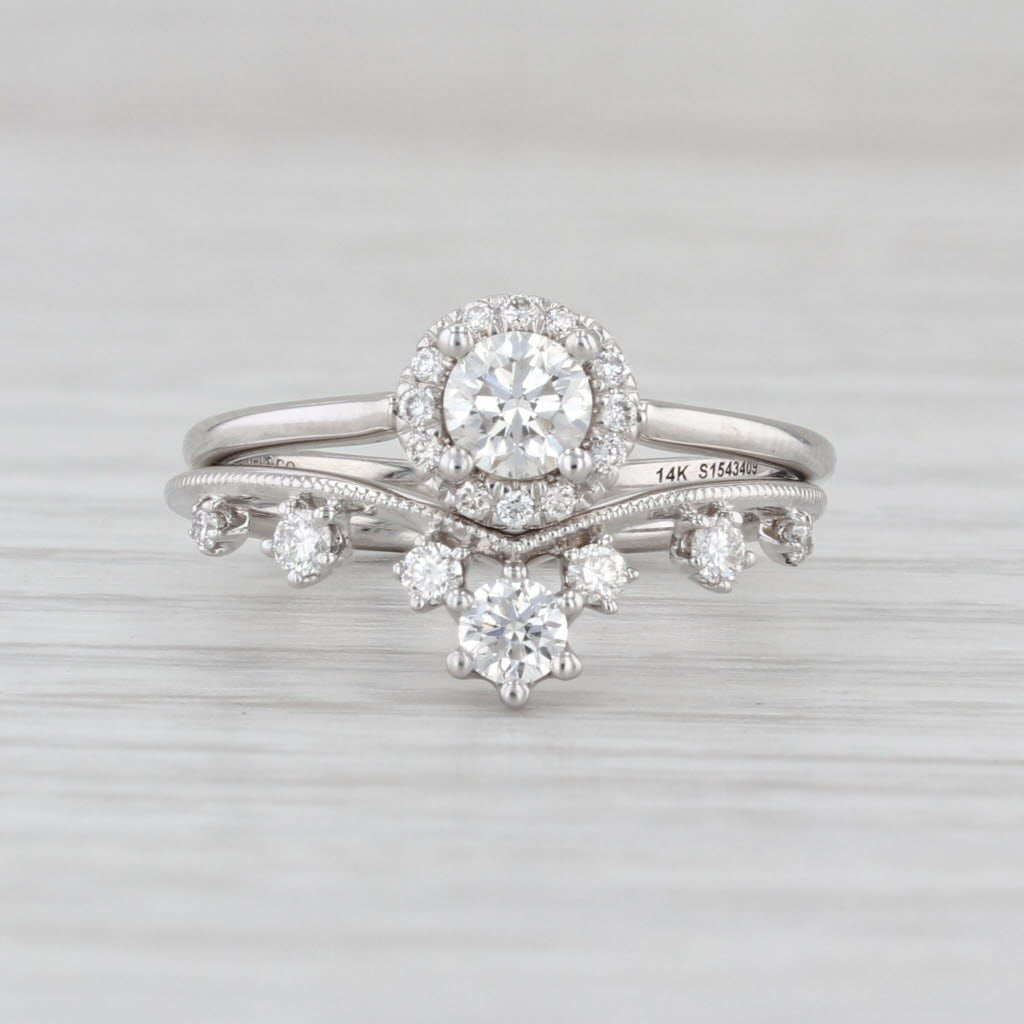 Gabriel & Co Diamond Halo Engagement Ring Wedding Band Bridal Set 14k White Gold