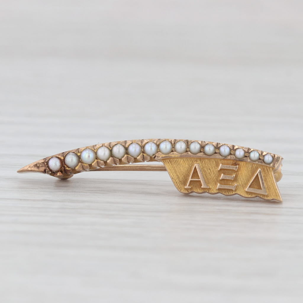 Light Gray Alpha Xi Delta Quill Pin 10k Gold Pearl Vintage Greek Sorority Badge