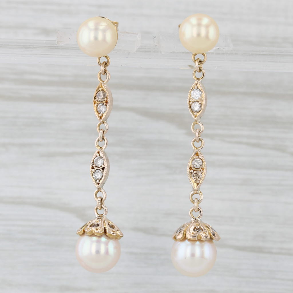 Light Gray Vintage Cultured Pearl 0.25ctw Diamond Dangle Earrings 14k Yellow Gold