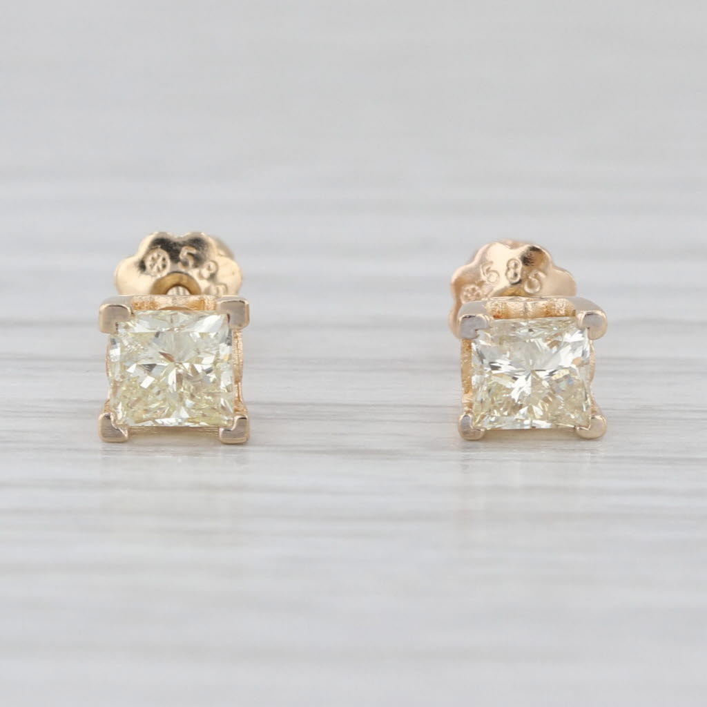 0.70ctw Princess Light Yellow Diamond Stud Earrings 14k Yellow Gold Studs