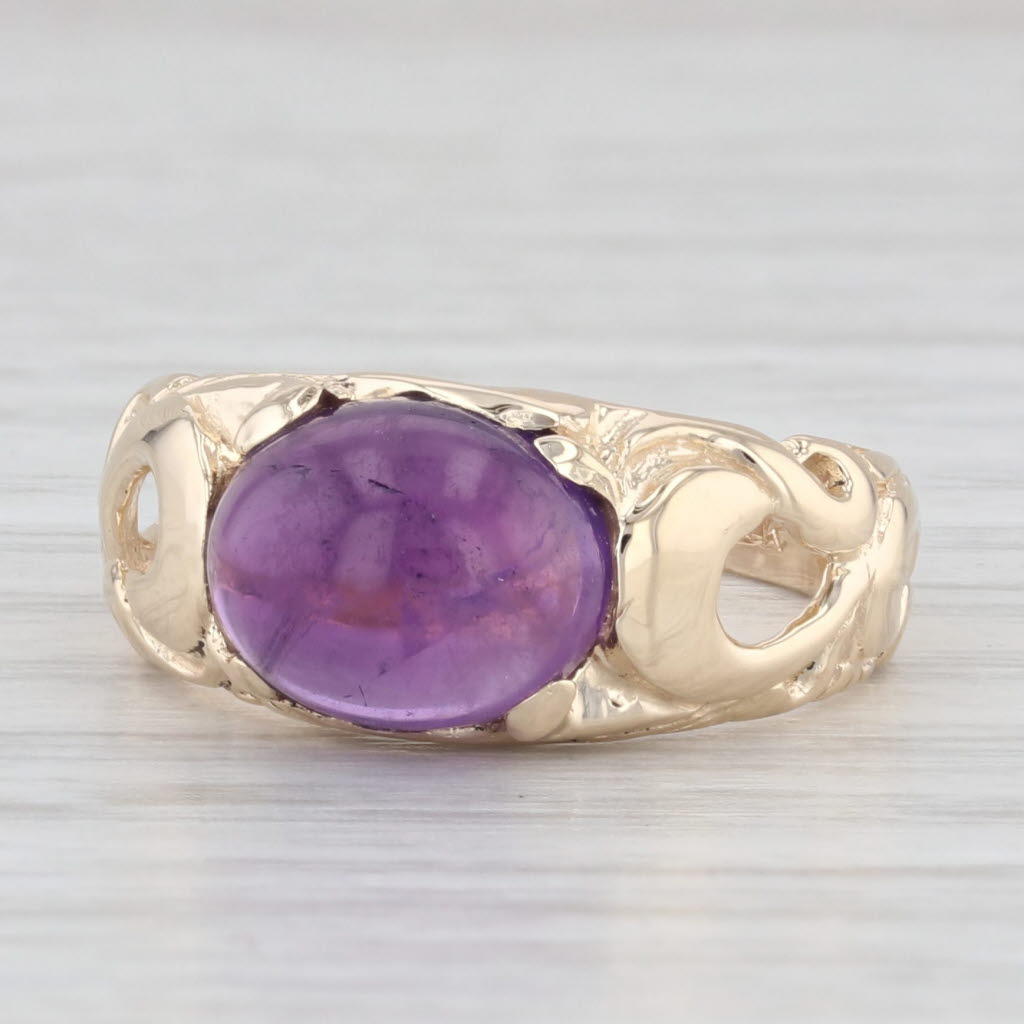 Light Gray Oval Cabochon Amethyst Solitaire Ring 14k Yellow Gold Size 7 Ornate Vine Work