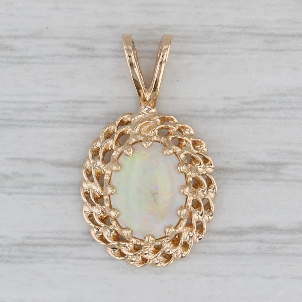 Gray Vintage Opal Drop Pendant 14k Yellow Gold Oval Cabochon Solitaire