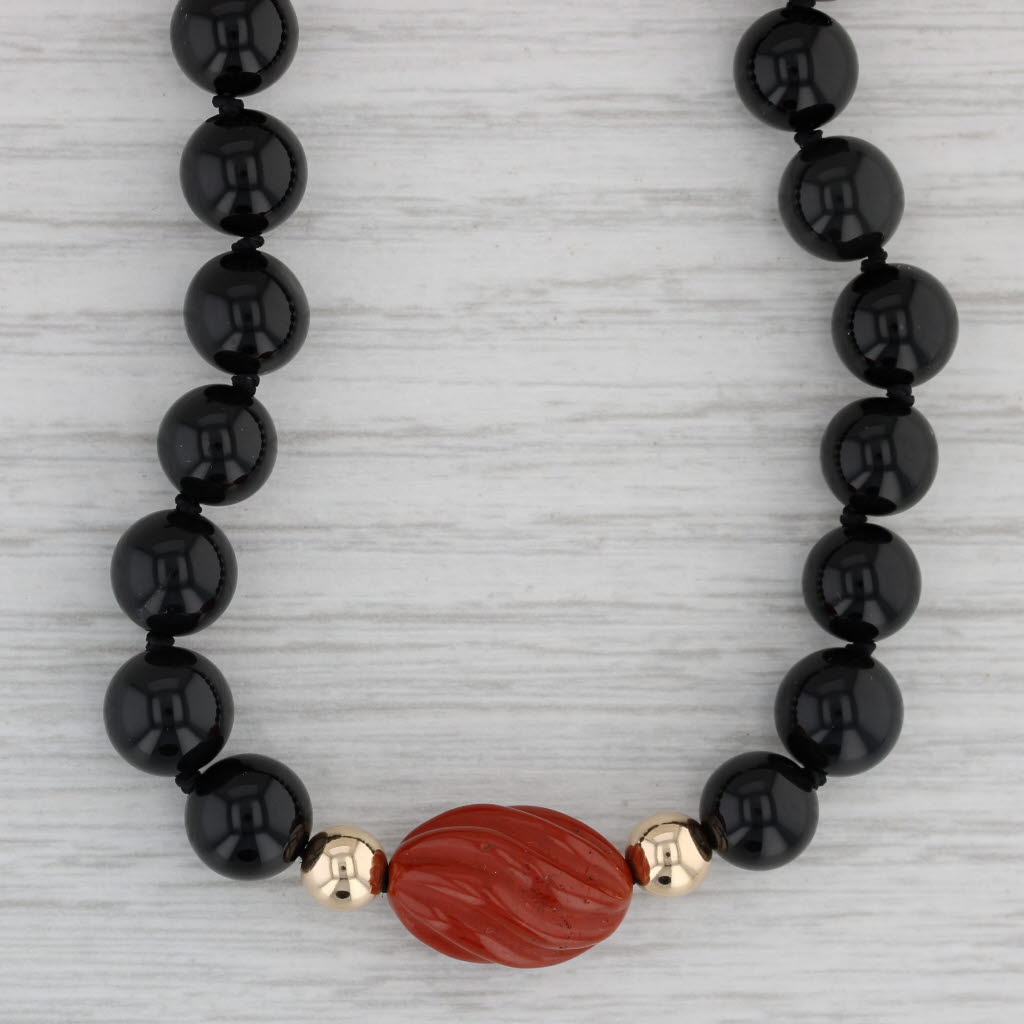 Gray Black Onyx Red Jasper Bead Necklace 14k Yellow Gold 29.5" Long Strand