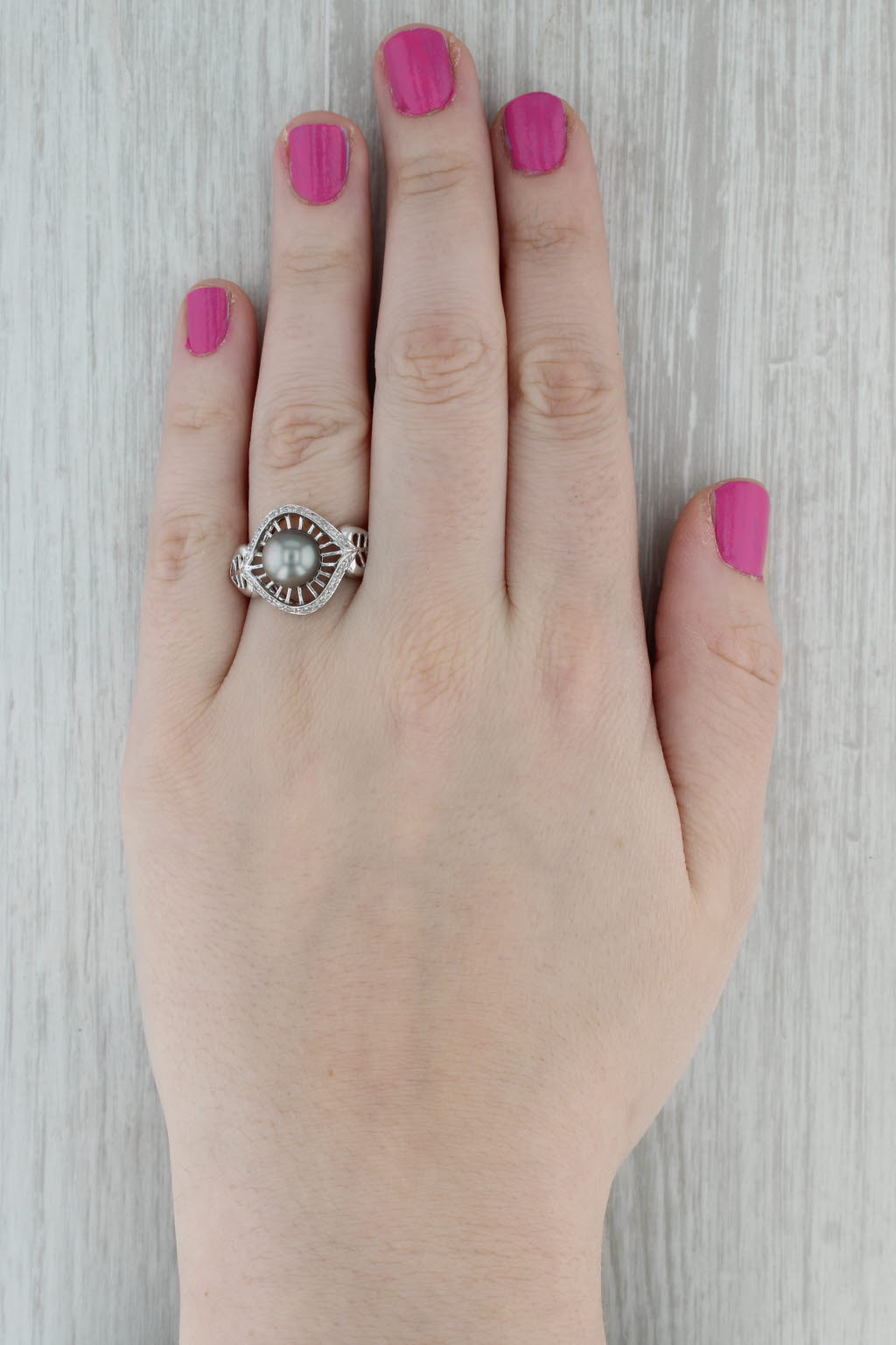 Dark Gray Black Cultured Pearl 0.10ctw Diamond Ring 10k White Gold Size 8
