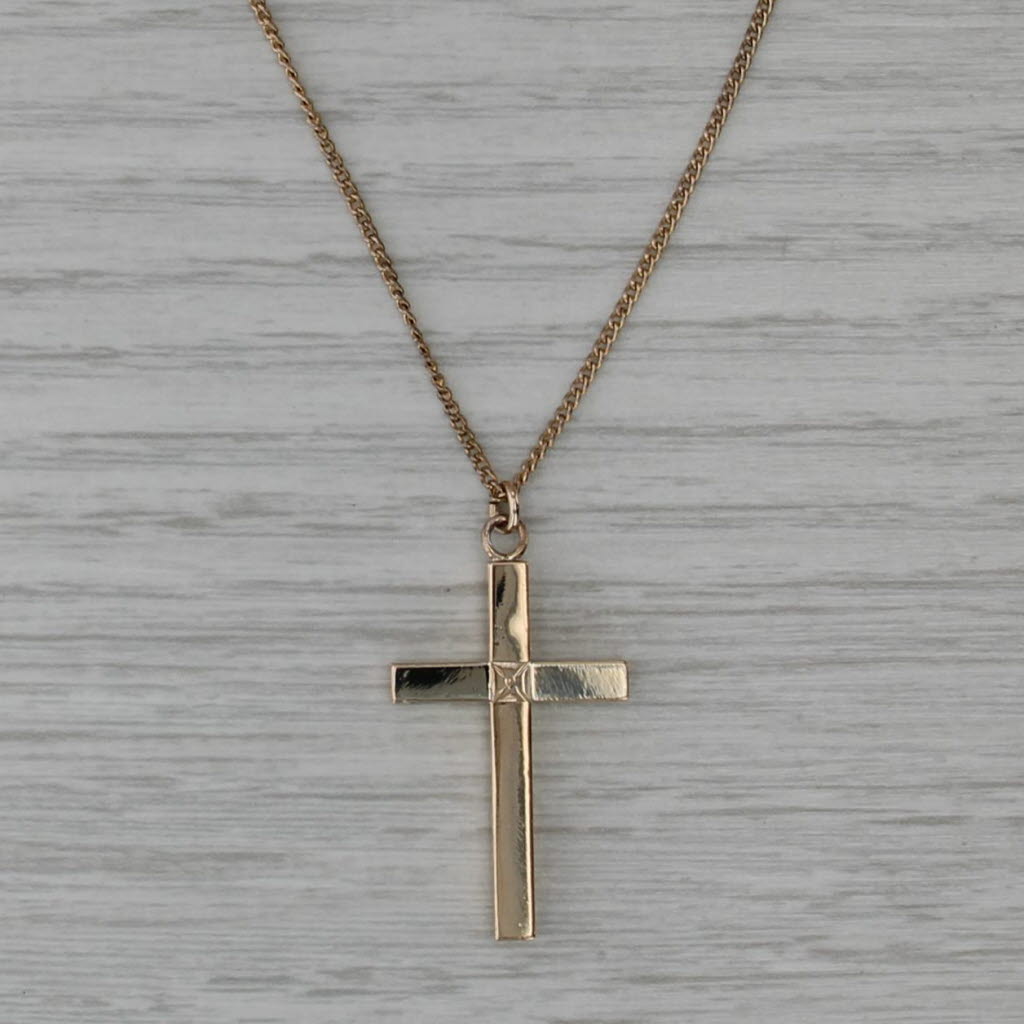 Reversible Cross Pendant Necklace Gold Filled Floral Engraved 19" Curb Chain