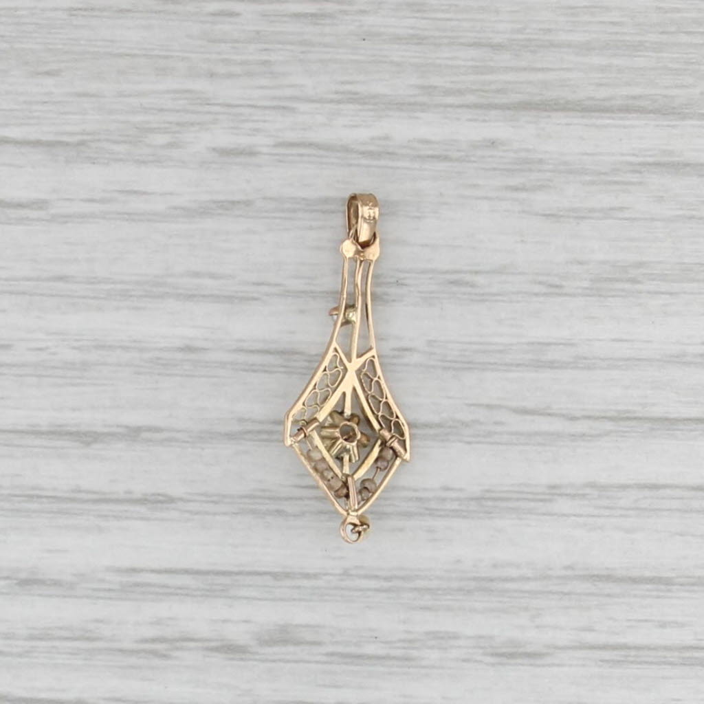 Vintage Cultured Pearl Diamond Lavalier Pendant 10k Yellow Gold Art Deco