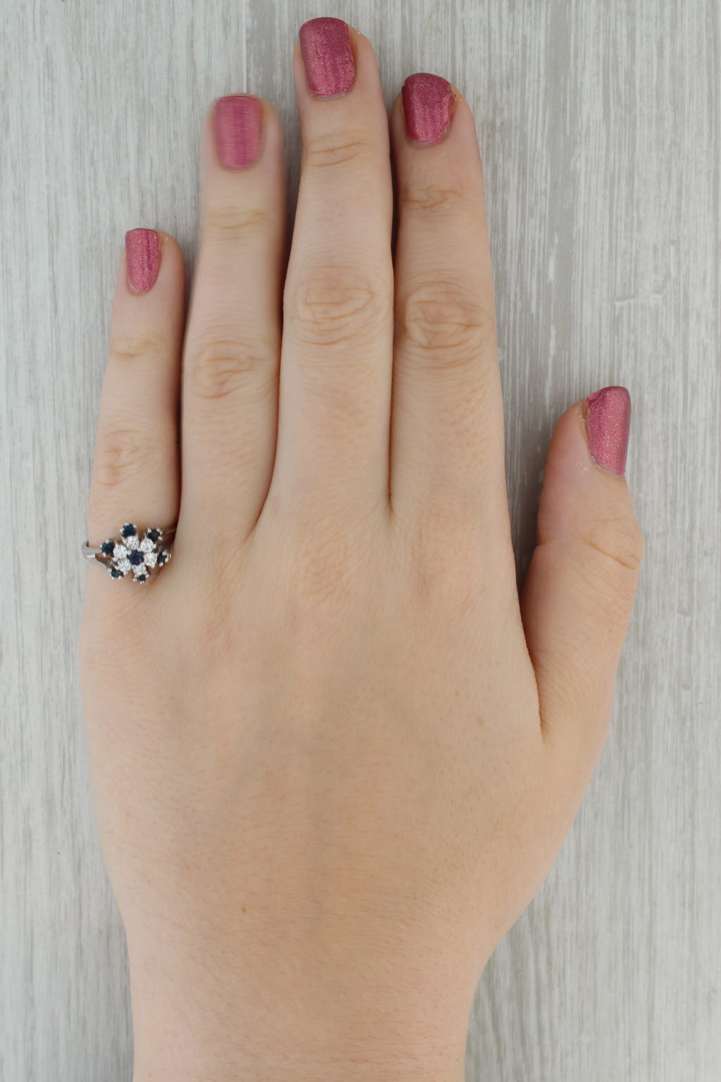Dark Gray 0.72ctw Blue Sapphire Diamond Flower Cluster Ring 14k White Gold Size 7