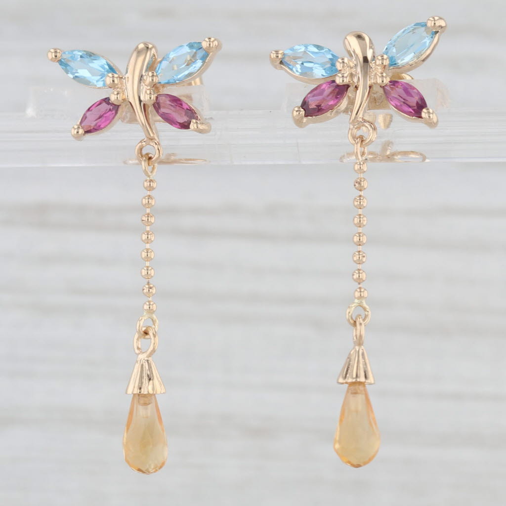 Light Gray 1.54ctw Topaz Garnet Citrine Butterfly Earrings 14k Yellow Gold Drops