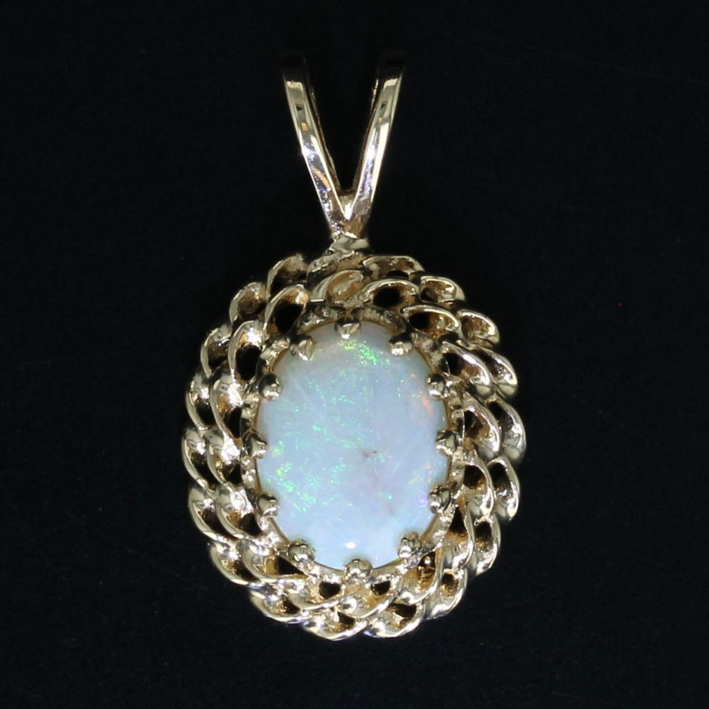 Black Vintage Opal Drop Pendant 14k Yellow Gold Oval Cabochon Solitaire