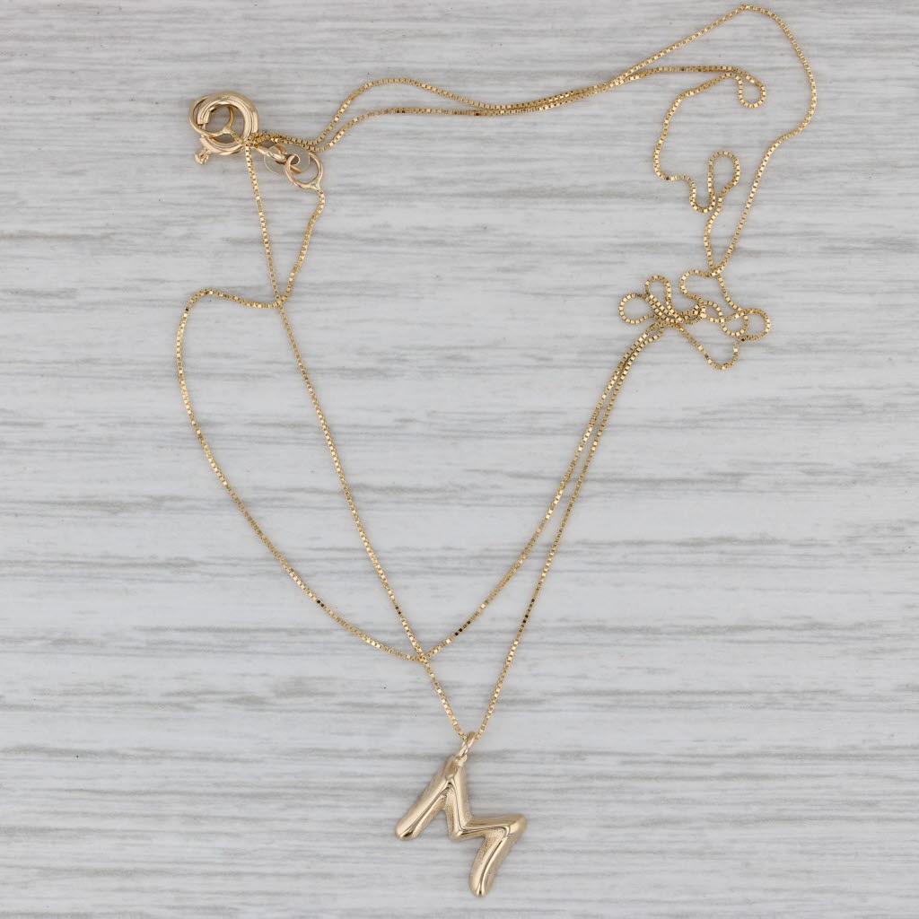 Gray Letter Initial M Pendant Necklace 14k Yellow Gold 19" Box Chain Necklace