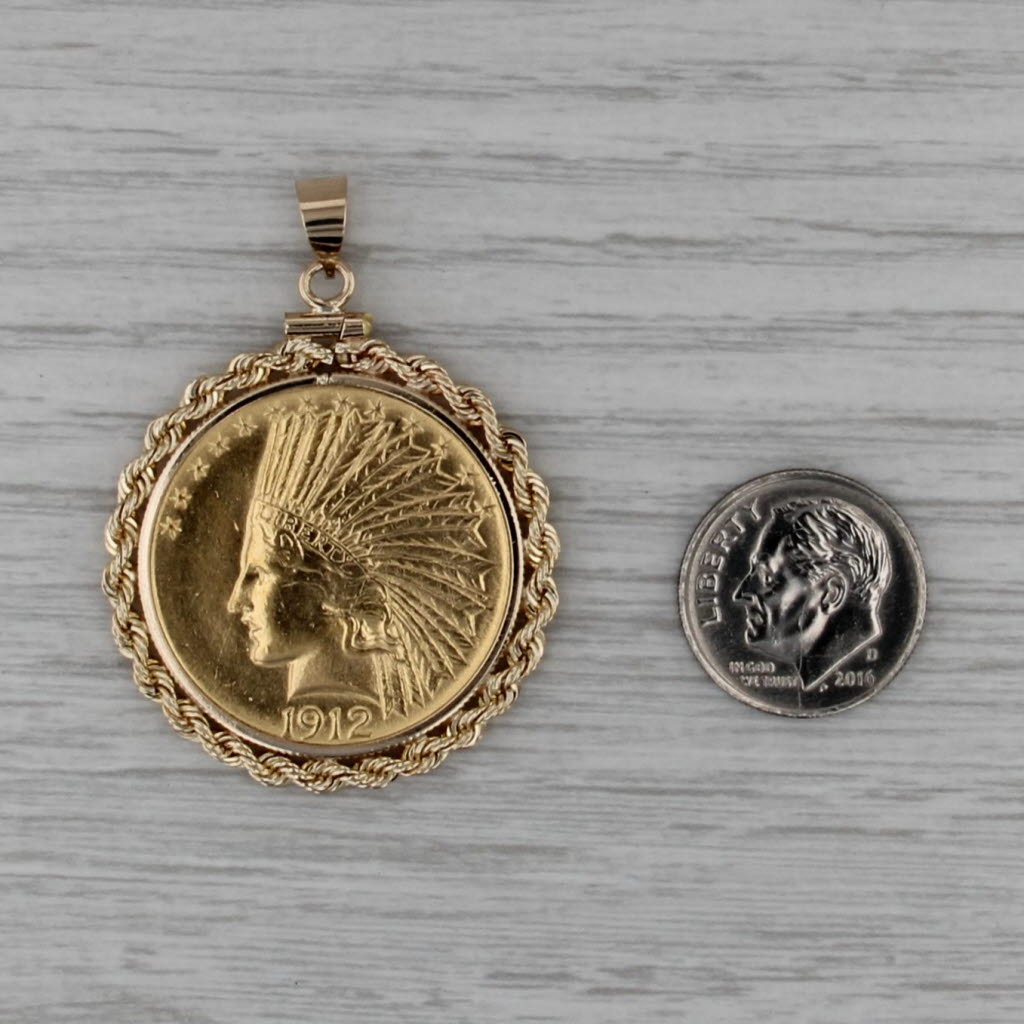 1912 American Gold Eagle Coin Pendant 14k 900 Gold 10 Dollars Indian Head