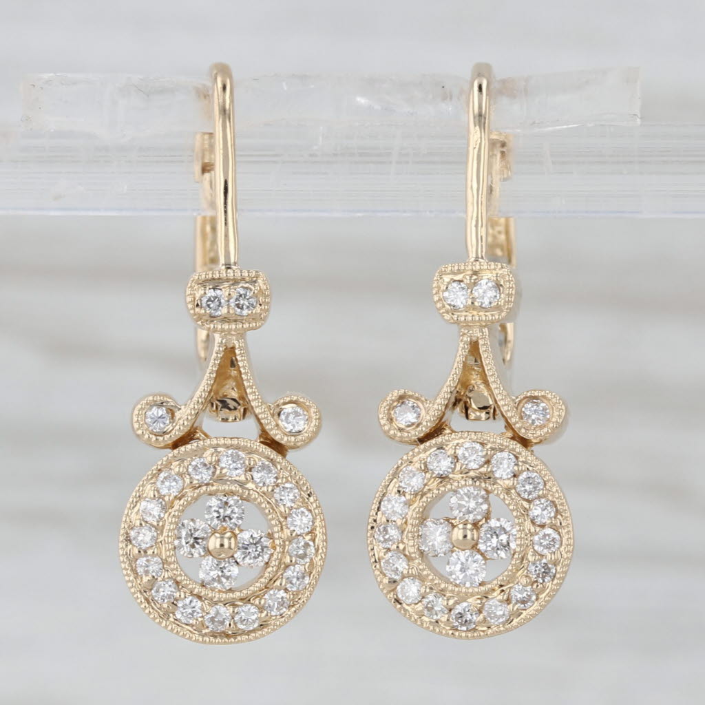 0.34ctw Diamond Halo Drop Earrings 14k Yellow Gold Hook Posts Leverbacks