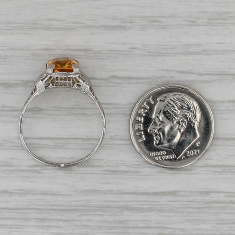 Vintage Lab Created Yellow Sapphire Ring Art Deco Filigree 10k White Gold Sz 6