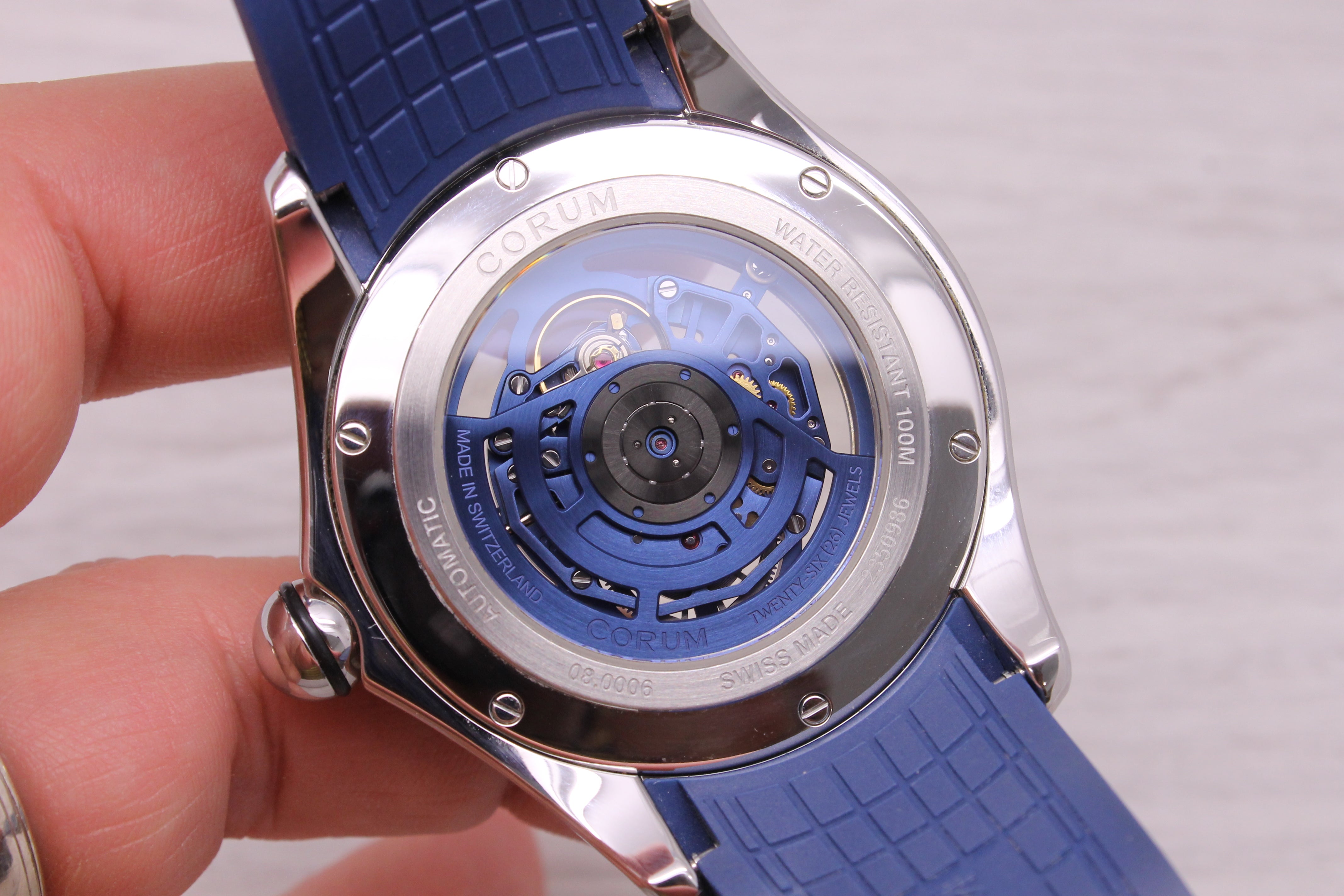 Gray Corum Bubble Blue Skeleton Mens 47mm Steel Automatic Watch w/ Box Papers 08.0006