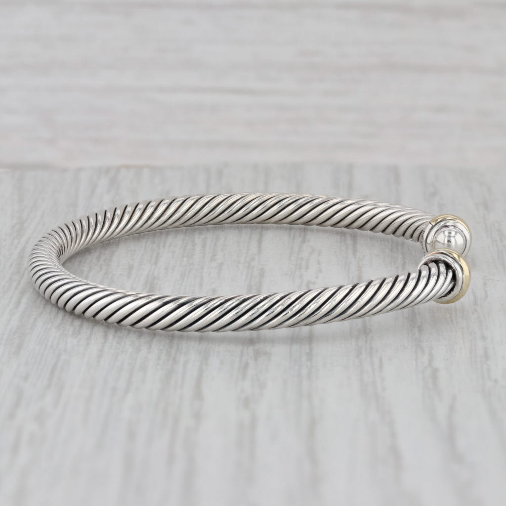 Gray David Yurman Classic Cable Cuff Bracelet Sterling Silver 18k Gold 6.75" 4mm