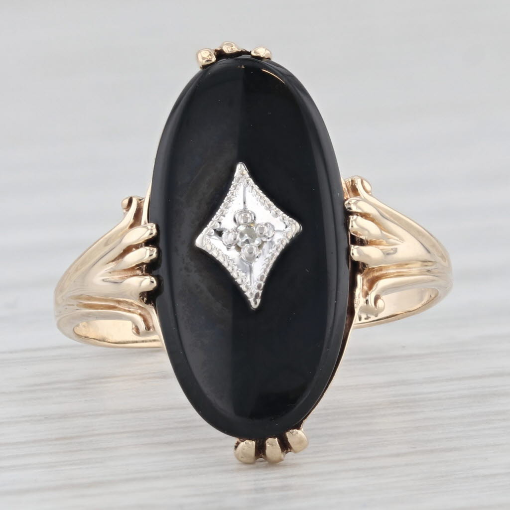 Light Gray Vintage Oval Onyx Diamond Signet Ring 10k Yellow Gold Size 6.5