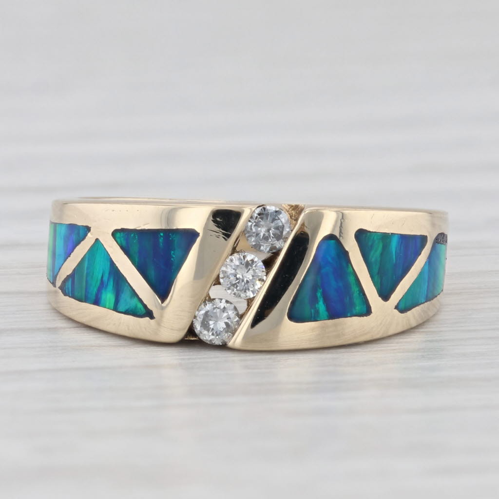 Light Gray Lab Created Blue Green Opal Mosaic Diamond Ring 14k Yellow Gold Size 6.25