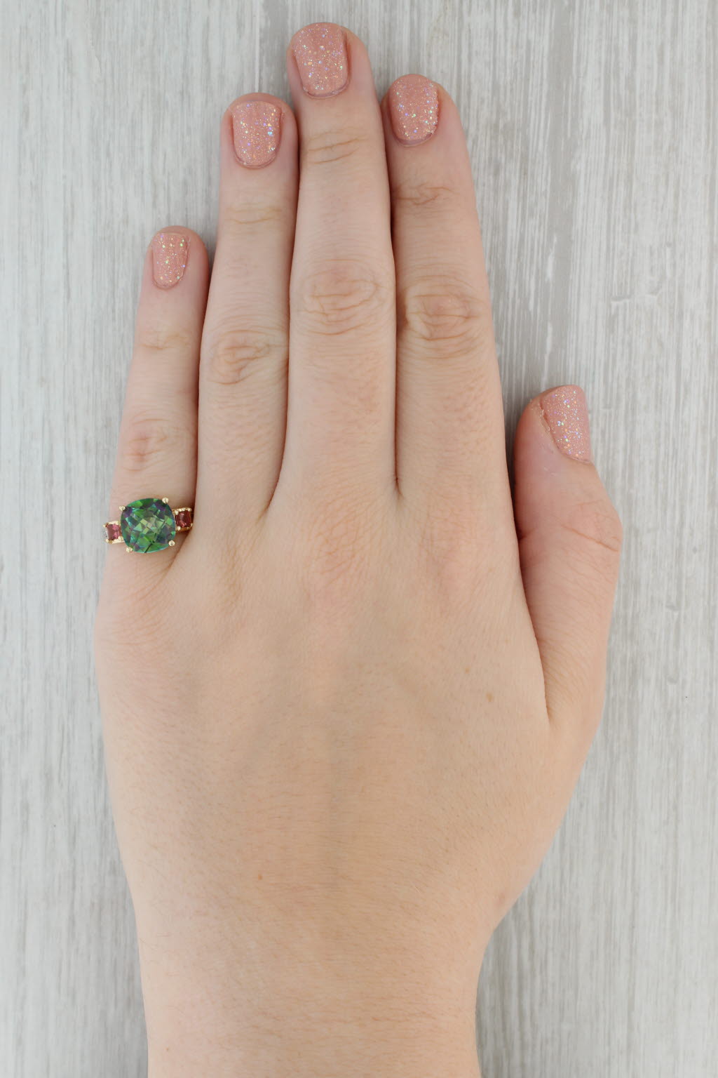 Dark Gray 5.76ctw Mystic Topaz Pink Tourmaline Diamond Ring 10k Yellow Gold Size 6