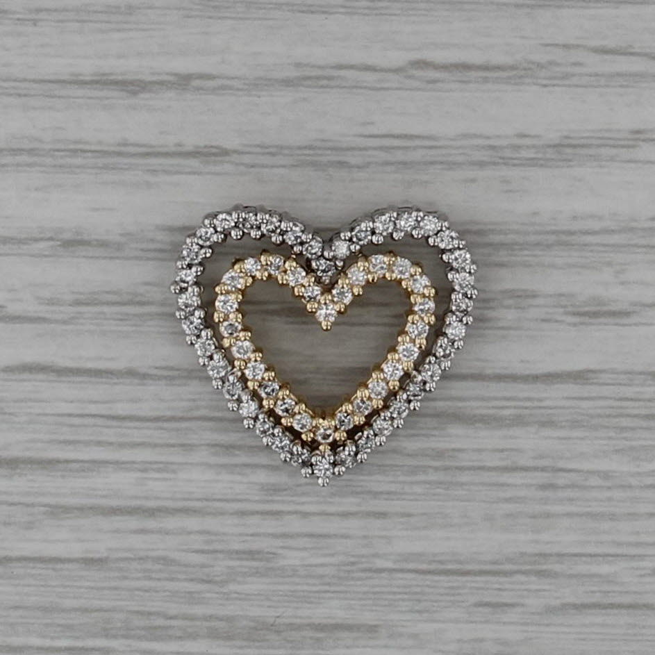 1ctw Diamond Double Open Heart Pendant 14k Yellow White Gold Floating Drop