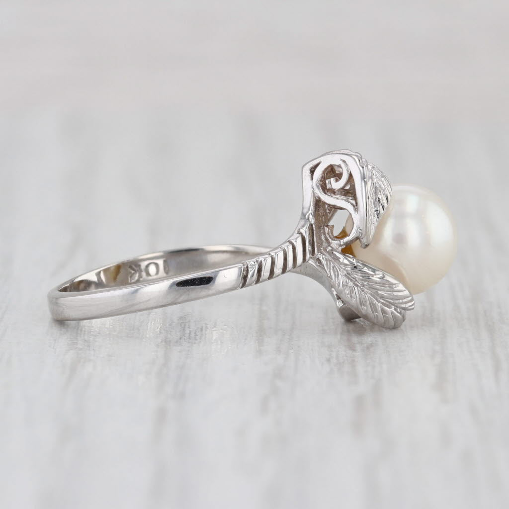 7.5mm Cultured Pearl Solitaire Flower Ring 10k White Gold Size 6.75