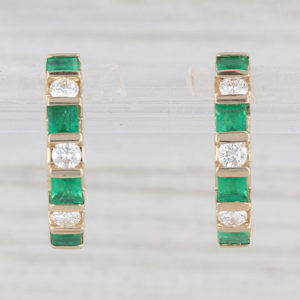 Light Gray 1.10ctw Emerald Diamond Hoop Huggie Earrings 14k Gold Snap Top Round Hoops