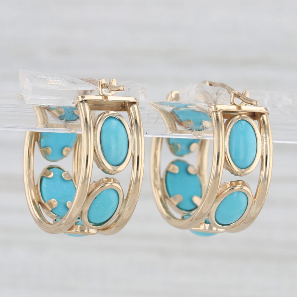 Light Gray Lab Created Turquoise Hoop Earrings 14k Yellow Gold Snap Top Round Hoops