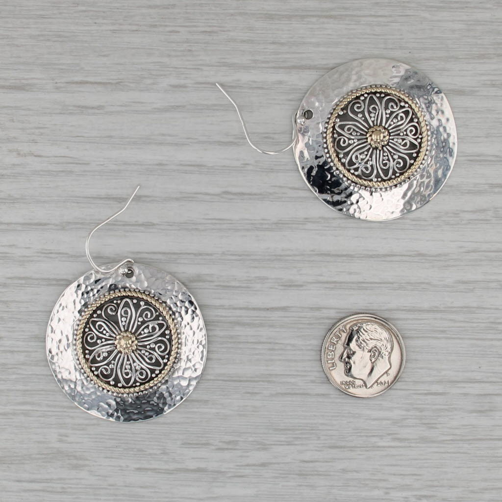 Ornate Flower Medallion Dangle Earrings Sterling Silver 14k Gold Hook Posts