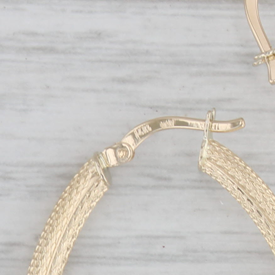 Gray Rope Etched Oval Hoop Earrings 14k Yellow Gold Snap Top Hoops