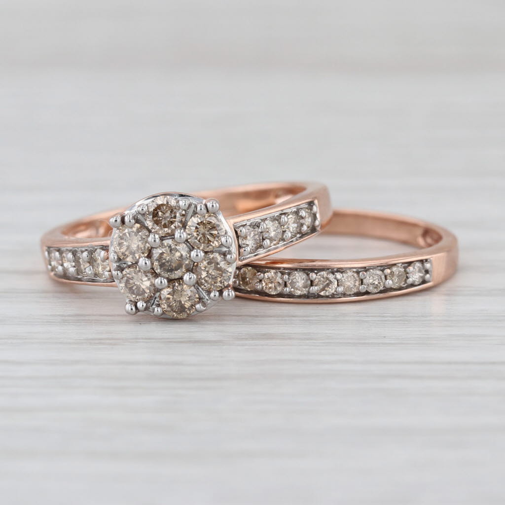 0.80ctw Diamond Cluster Engagement Ring Wedding Band Bridal Set 10k Rose Gold