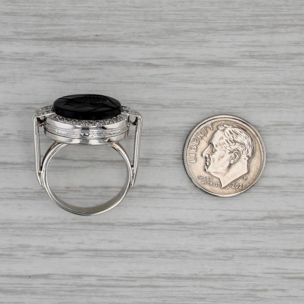 Onyx Intaglio Diamond Halo Ring 14k White Gold Platinum Size 6 Signet