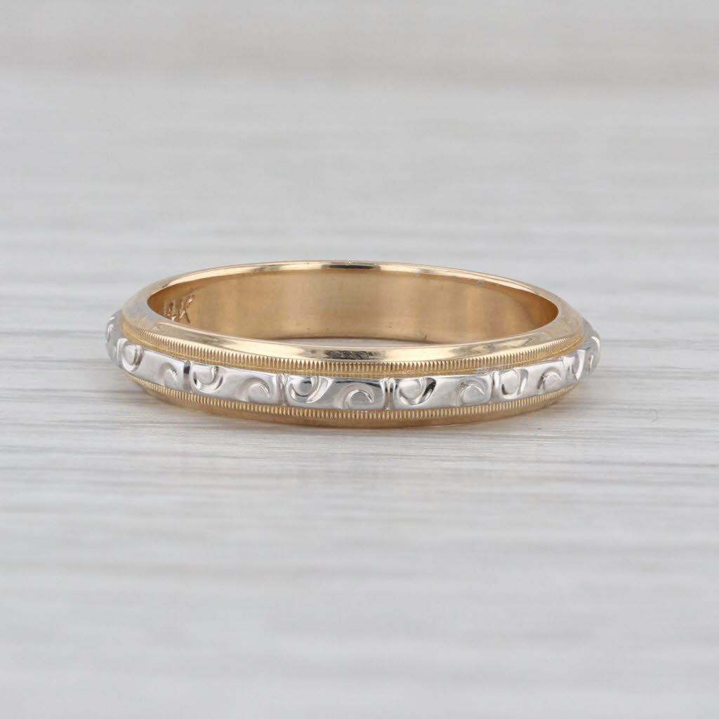 Vintage Ornate Etched Wedding Band 14k White Yellow Gold Stackable Ring Size 7