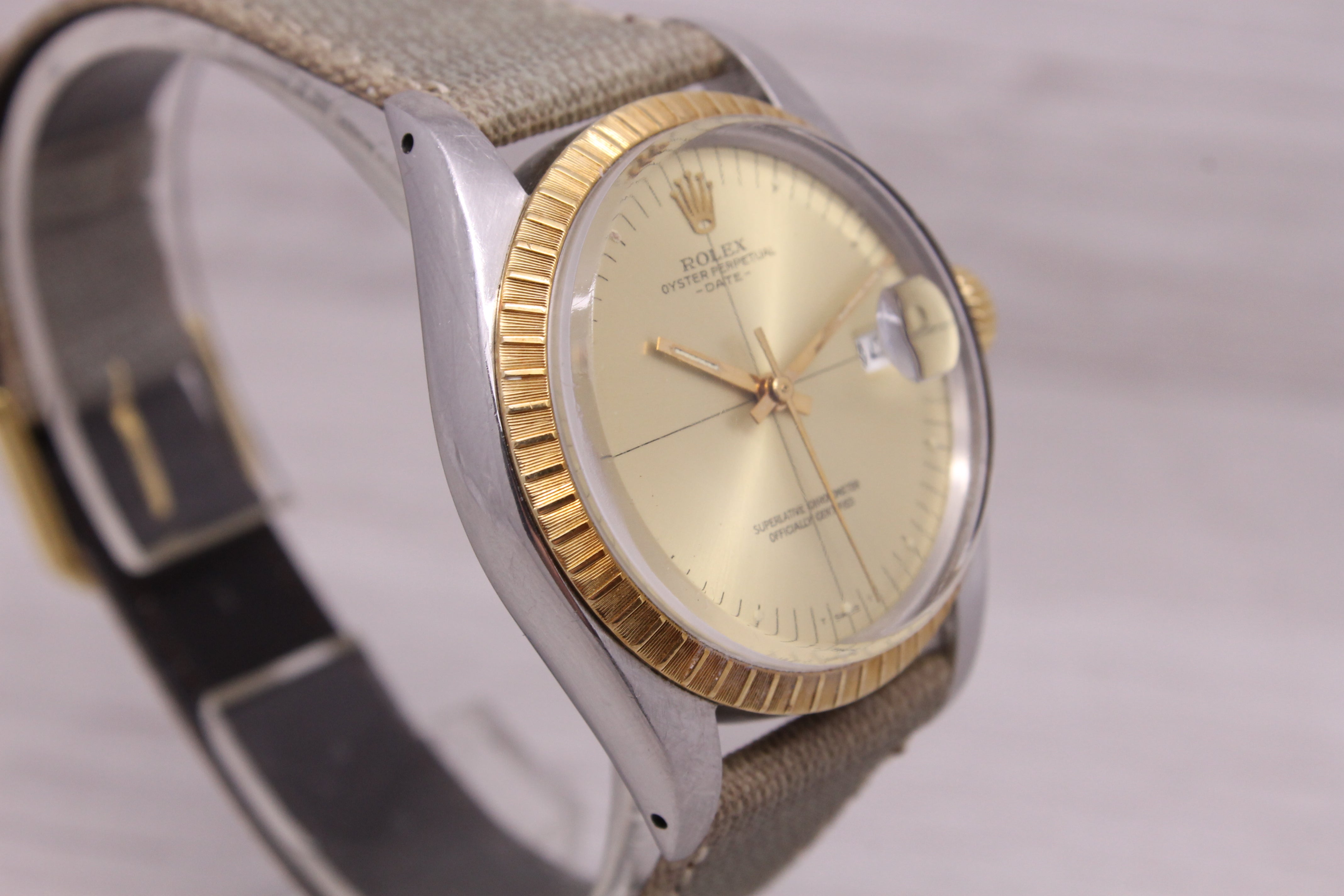 Dark Gray Vintage 1974 Rolex Date 1505 Mens 34mm Steel & 14k Automatic Watch Zephyr Dial