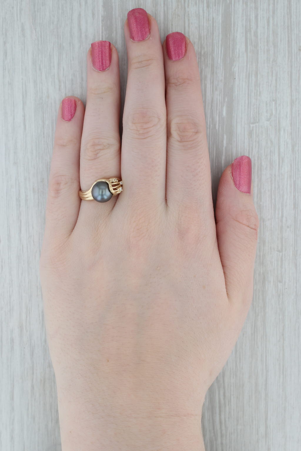 Gray Black Cultured Pearl Diamond Ring 18k Yellow Gold Size 7.5