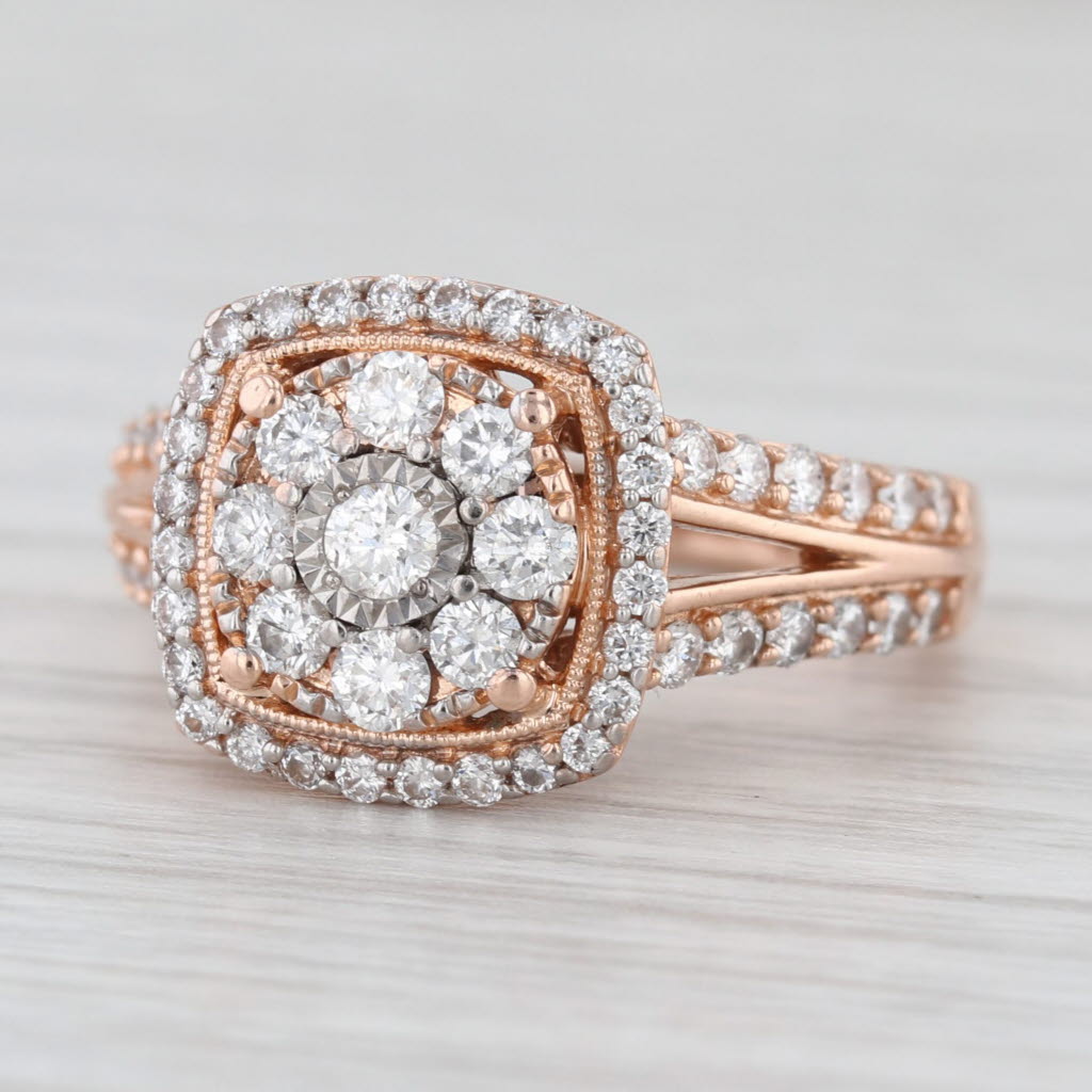 0.91ctw Diamond Cluster Halo Engagement Ring 10k Rose Gold Size 6