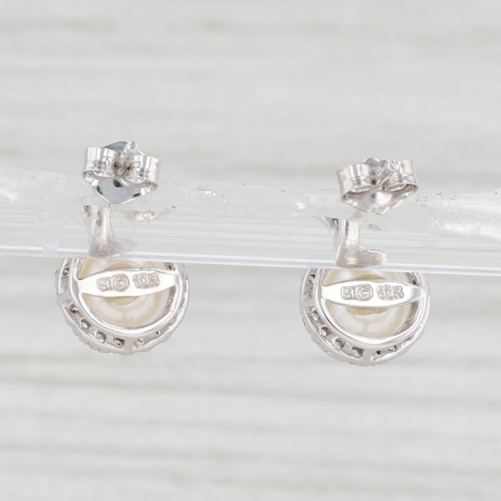 Light Gray Cultured Pearl Diamond Halo Stud Earrings 10k White Gold Pierced Studs